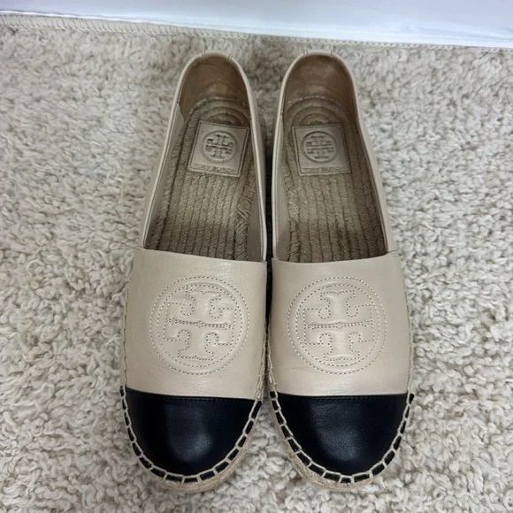Tory Burch Benton Color Block Espadrille-Nappa Leather Size 7.5 Ivory Black‎ - Picture 4 of 11